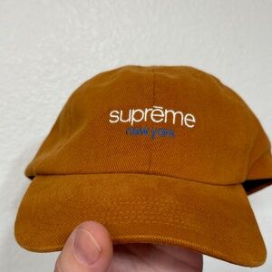 Supreme Tan Cap with White and Blue Logo